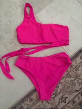 Women’s One-Shoulder High-Waist Bikini Set - Hot Pink